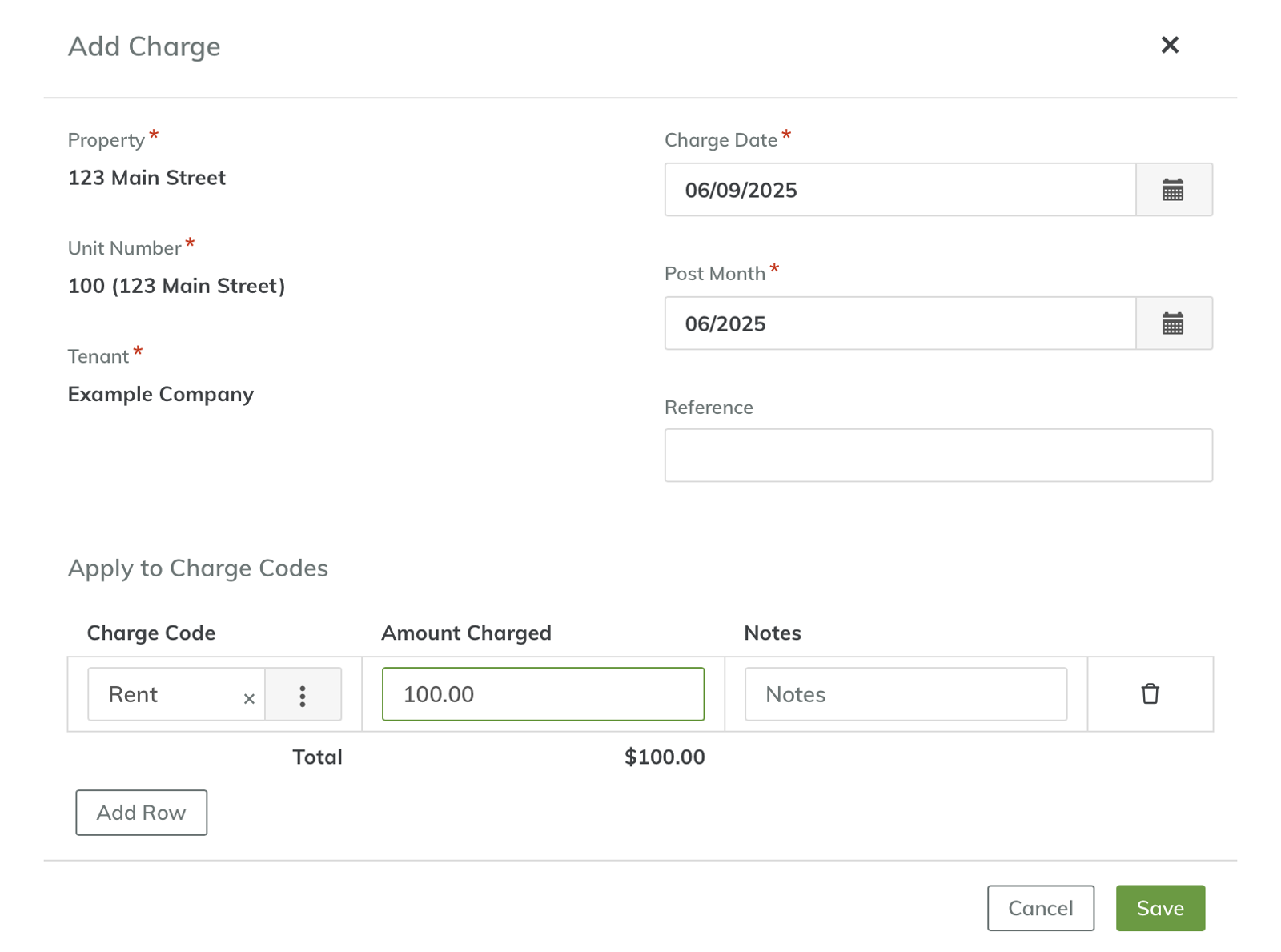 Screenshot of Yardi Breeze Add Charge dialog box