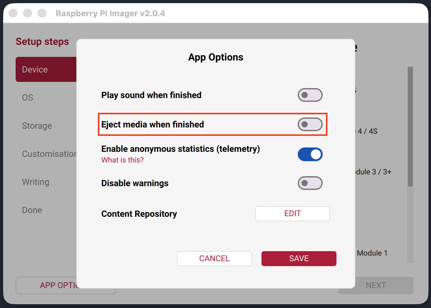 Screenshot of Imager showing disabled auto eject/unmount.