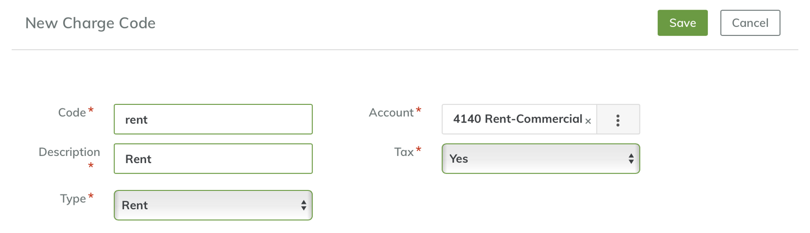 Screenshot of Yardi Breeze New Charge Code dialog box