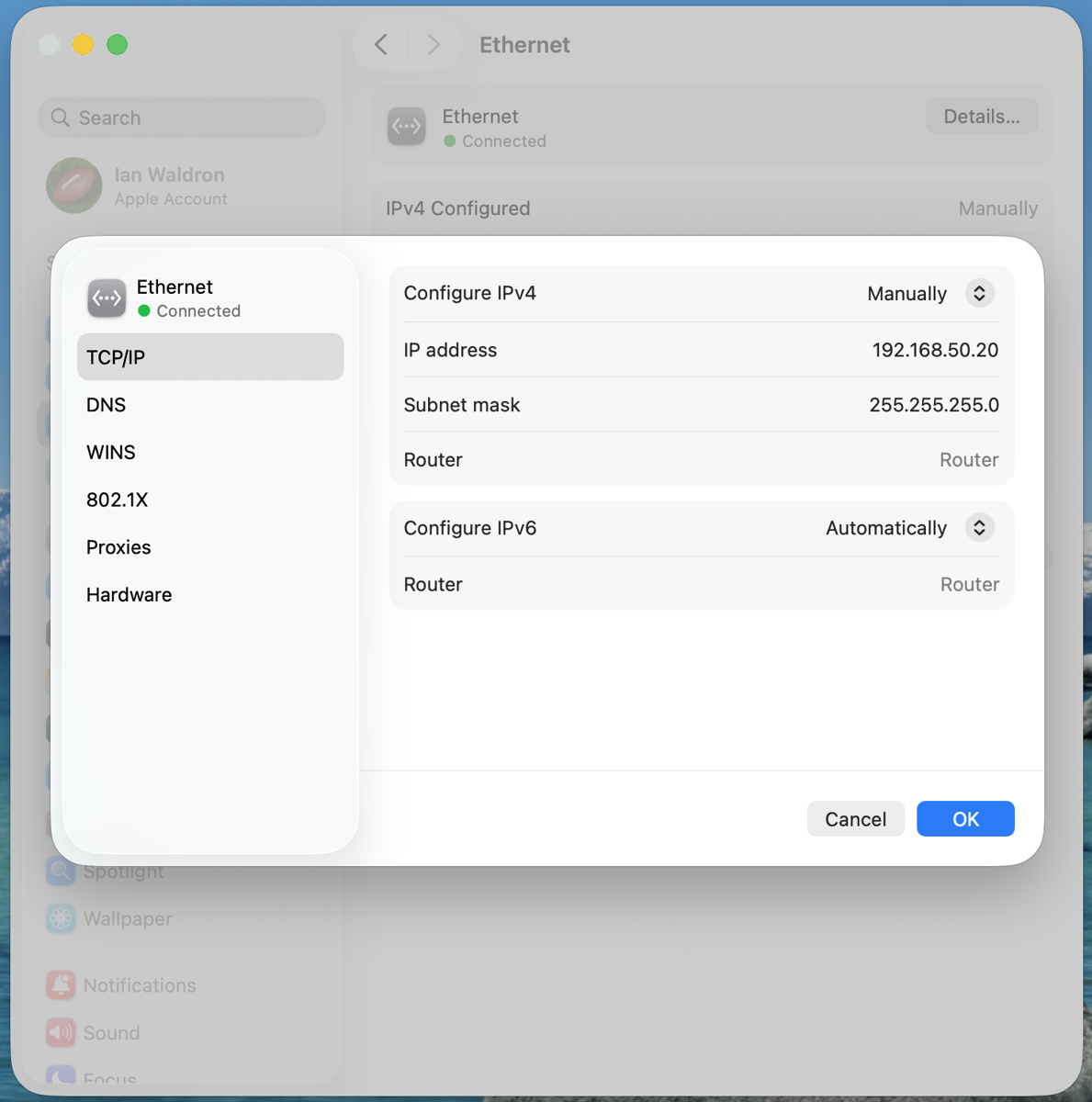 Screen shot of Mac network configuration window.