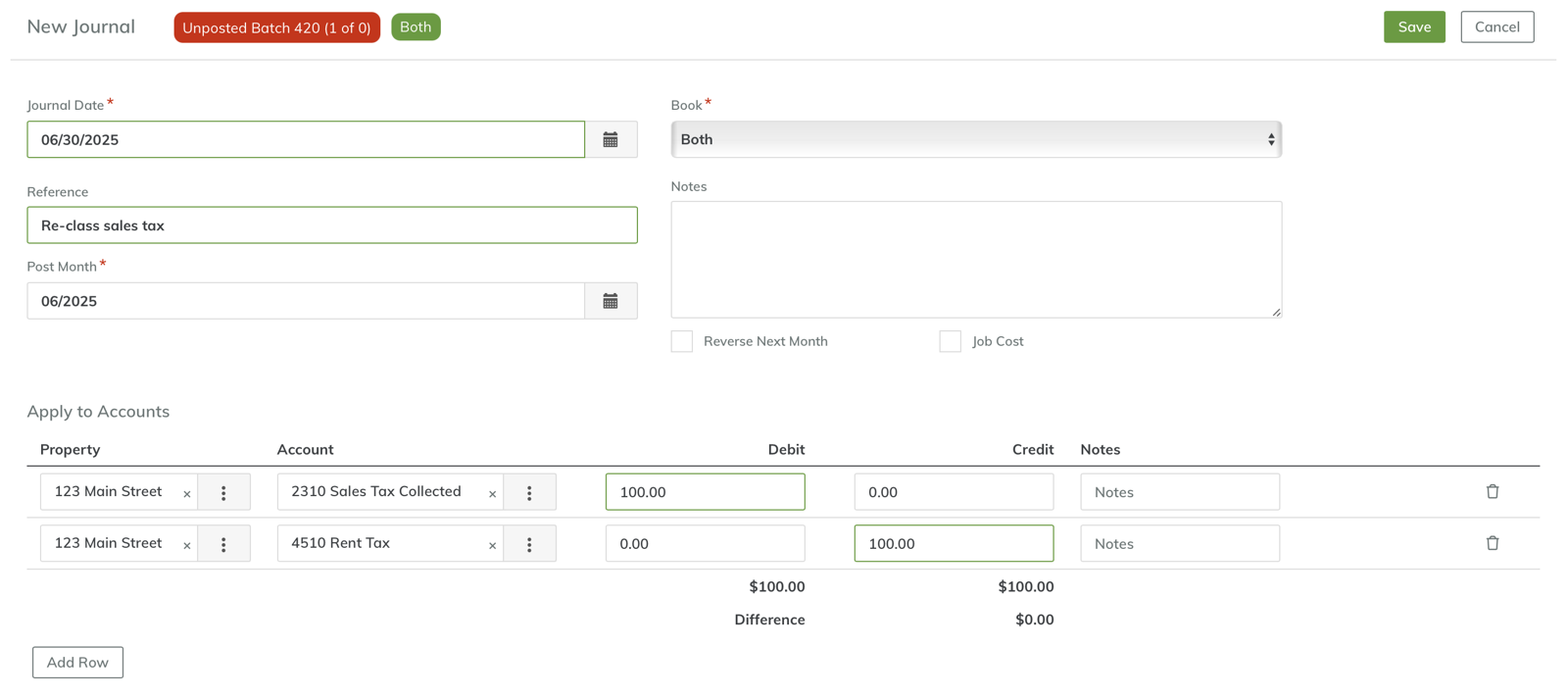 Screenshot of Yardi Breeze new journal entry form