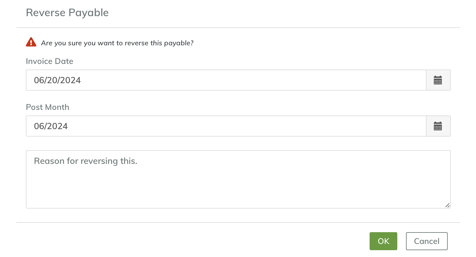 A screenshot of the "Reverse Payable" dialogue box for Yardi Breeze.