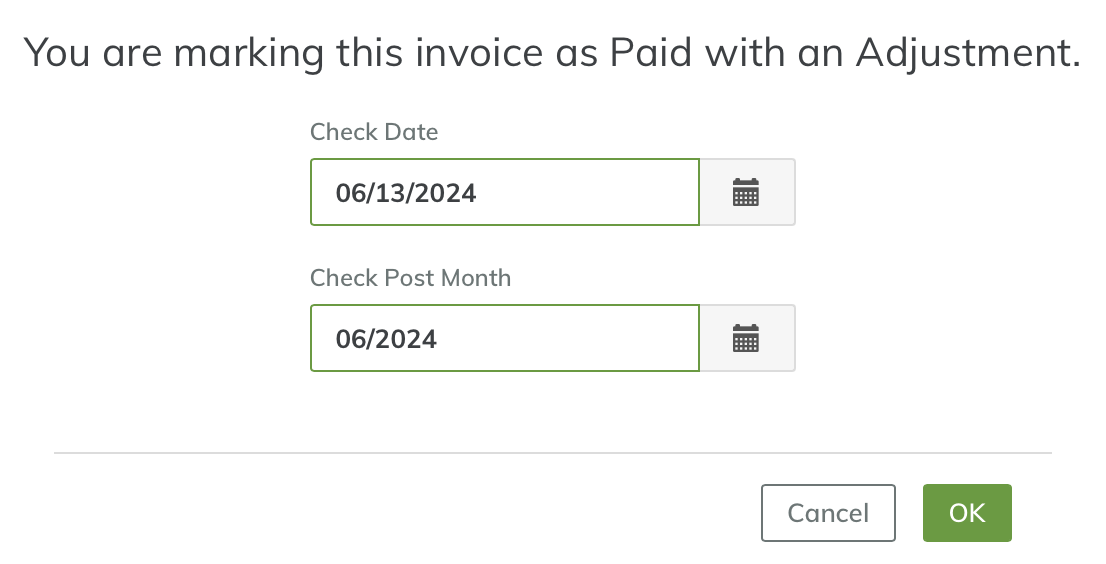 A screenshot of Yardi Breeze mark payment as adjustment dialogue box.