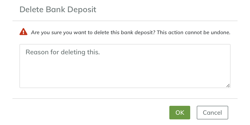 Screenshot of the Yardi Breeze dialogue box for deleting a deposit