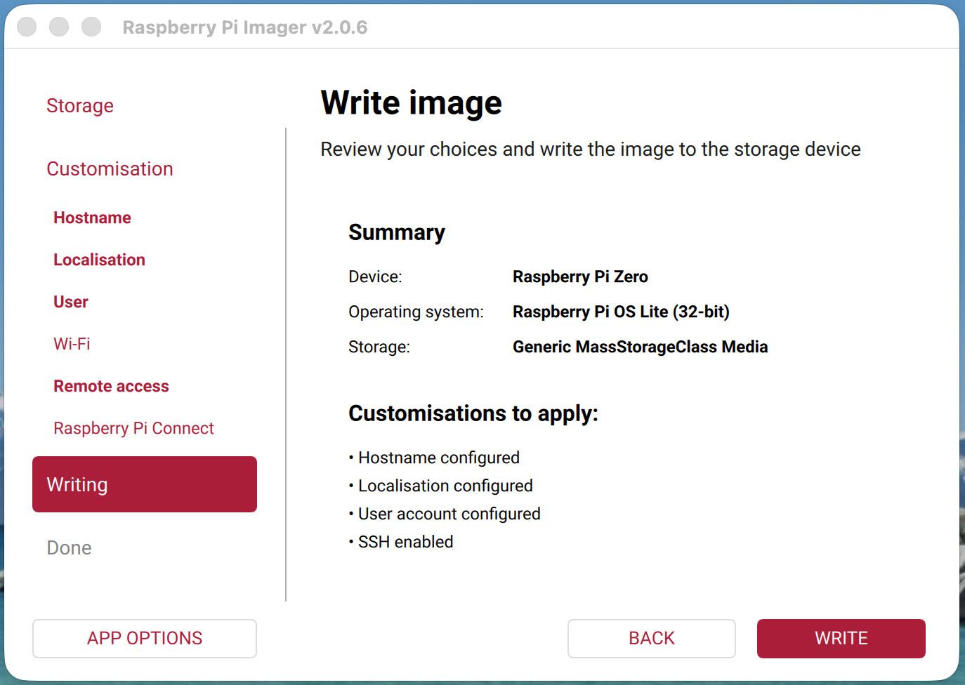 screenshot of pi imager showing tether option still not available after upgrade