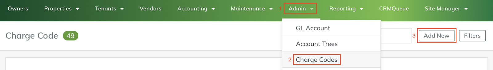 Screenshot of Yardi Breeze navigation for adding a new charge code