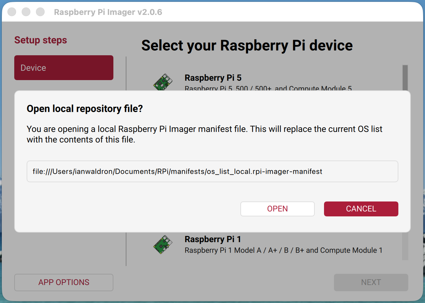 screen shot of imager showing prompt for updating repository file