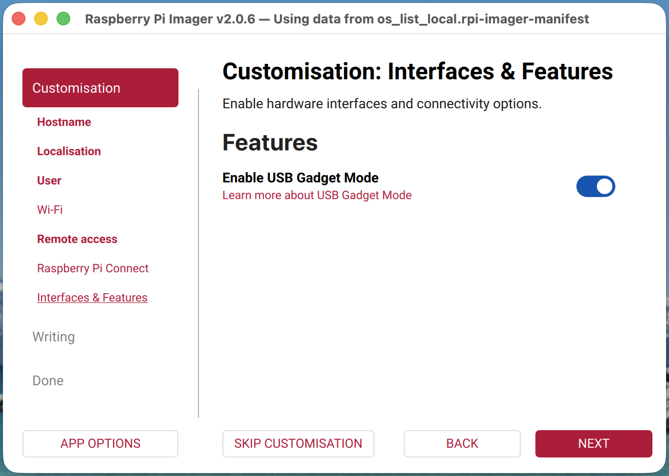 screenshot of Imager showing gadget mode toggle enabled