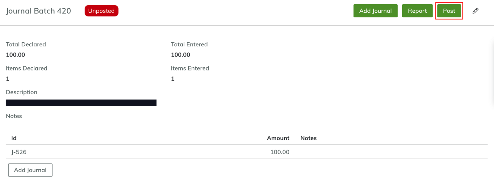 Screenshot of Yardi Breeze journal batch detail view