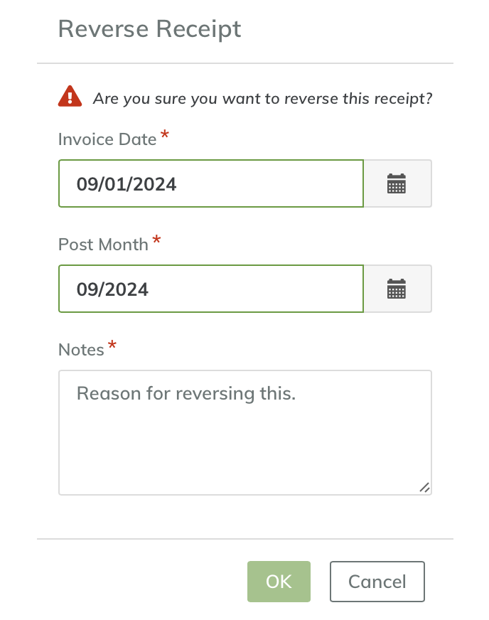 Screenshot of the Yardi Breeze dialogue box for reversing a receipt