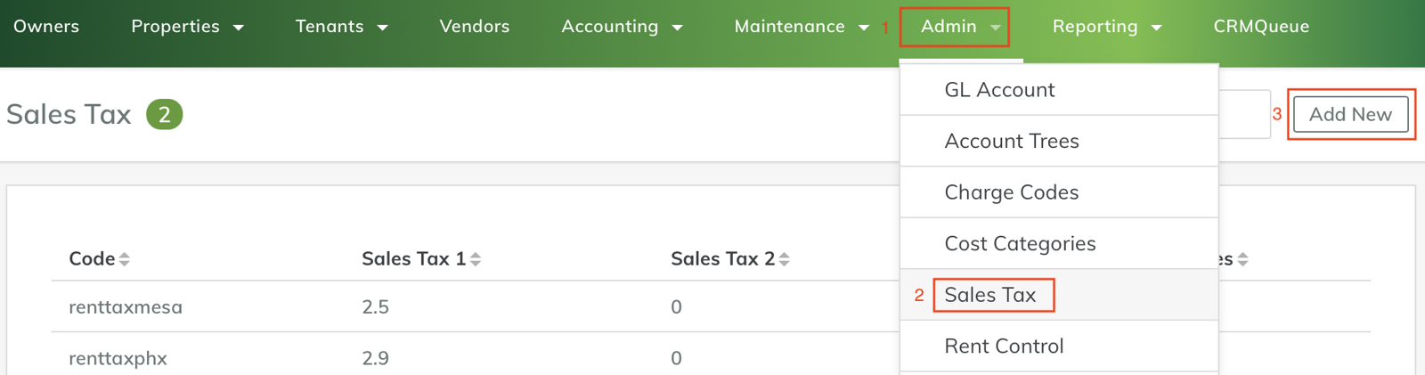 Screenshot of Yardi Breeze navigation for new sales tax record