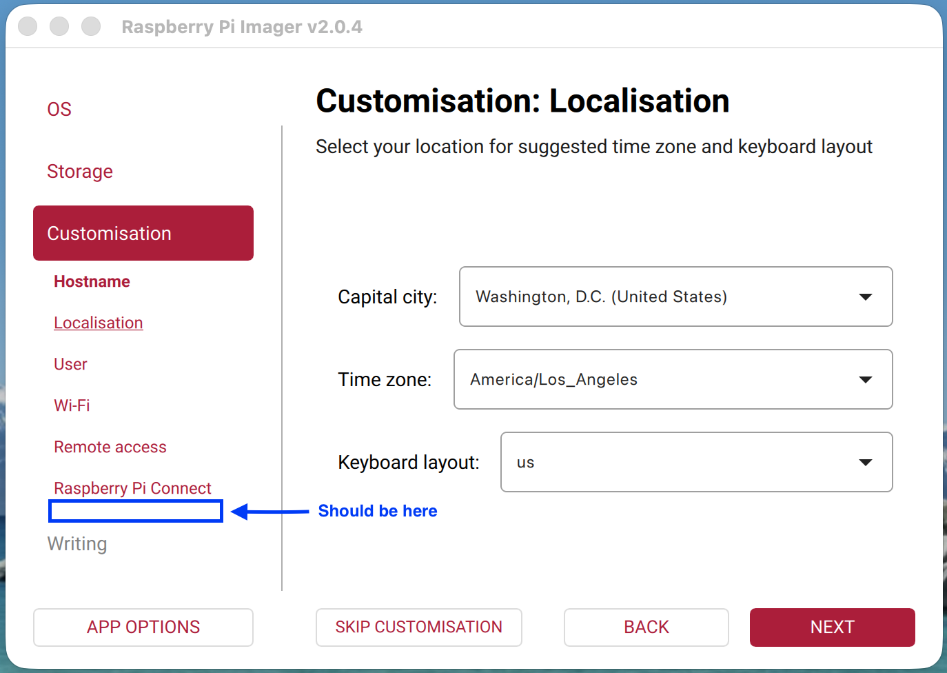 screenshot of pi imager showing tether option not available